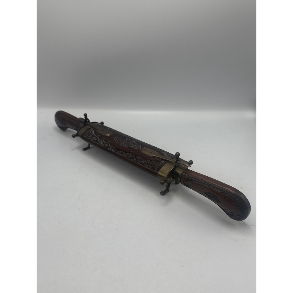 Vintage India Hand Carved Wood Brass Knife Fork Carving Set Sheath Stand 17.5in